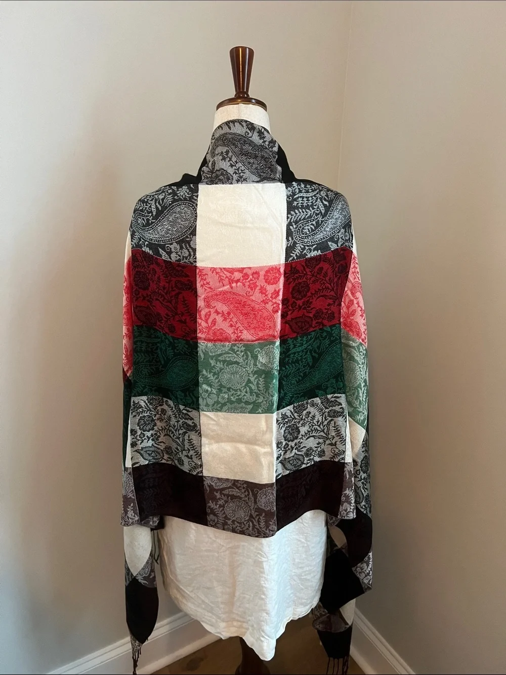 pashmina | Black, White, Red & Green Paisley Patch Scarf Wrap Sz 76” L x 27” W